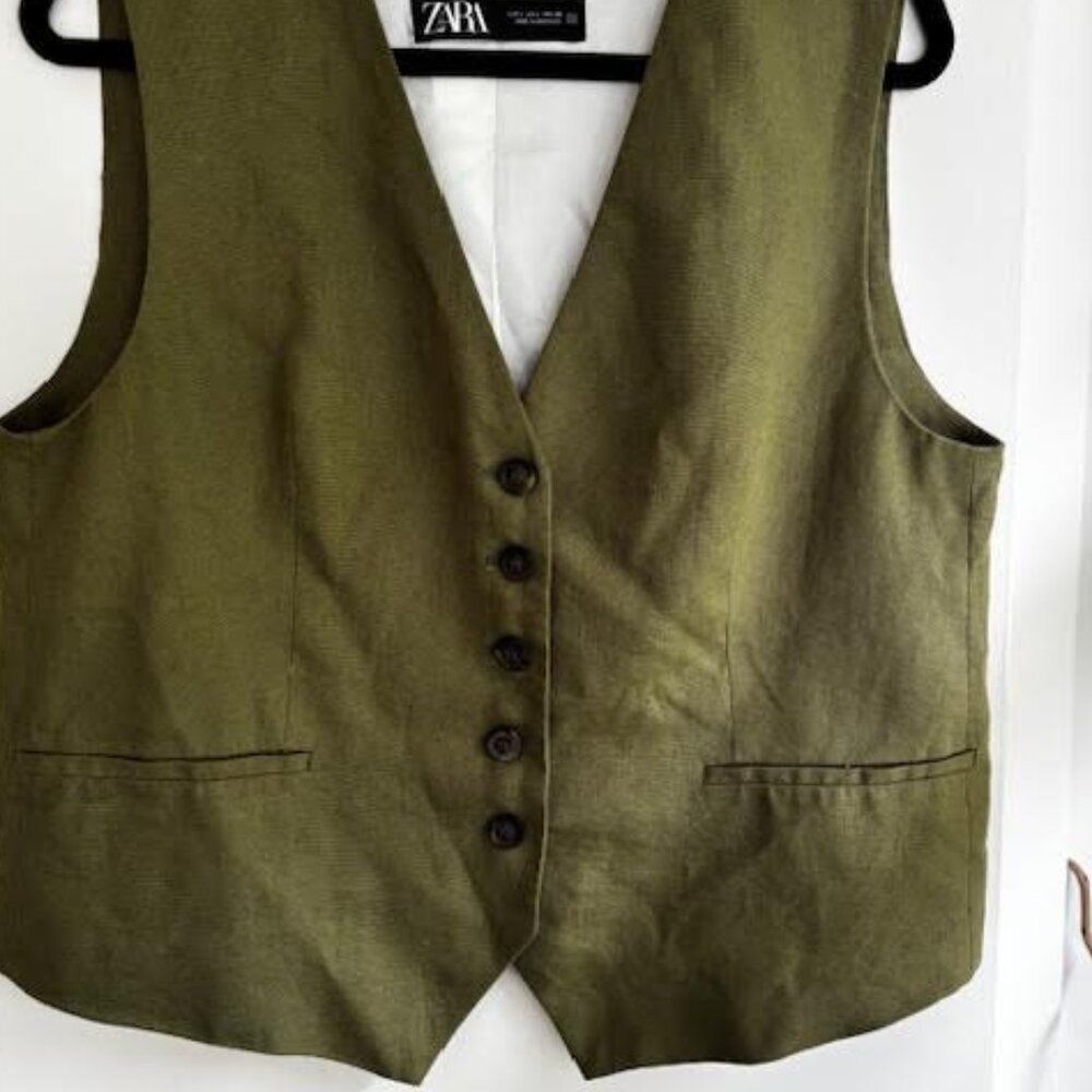 ZARA ARMY GREEN WOMEN'S LINEN VEST. Sz L